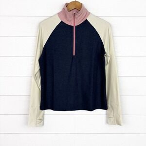 Oiselle Lux Half Zip Color Block Long Sleeve Running Top Cream Navy Pink Medium